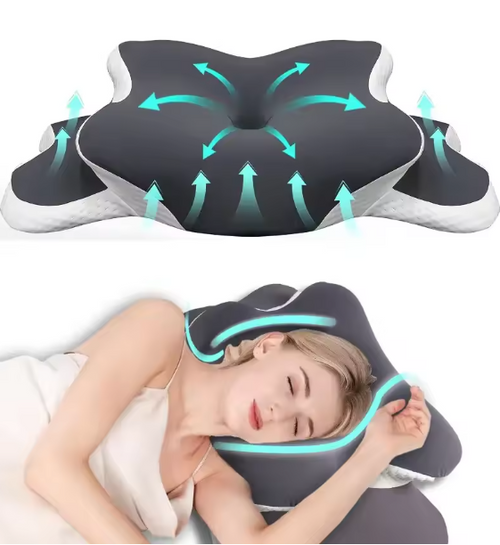 Femme dormant sur l'oreiller cervical papillon Atmosleep, illustration des zones de soutien de la nuque et des épaules
