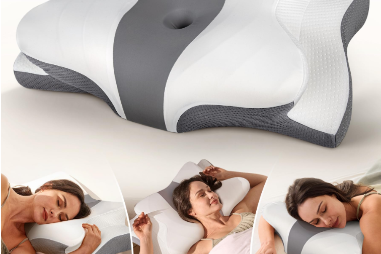 Oreiller cervical ergonomique papillon Atmosleep, vue produit sur fond blanc avec zones de soutien différenciées